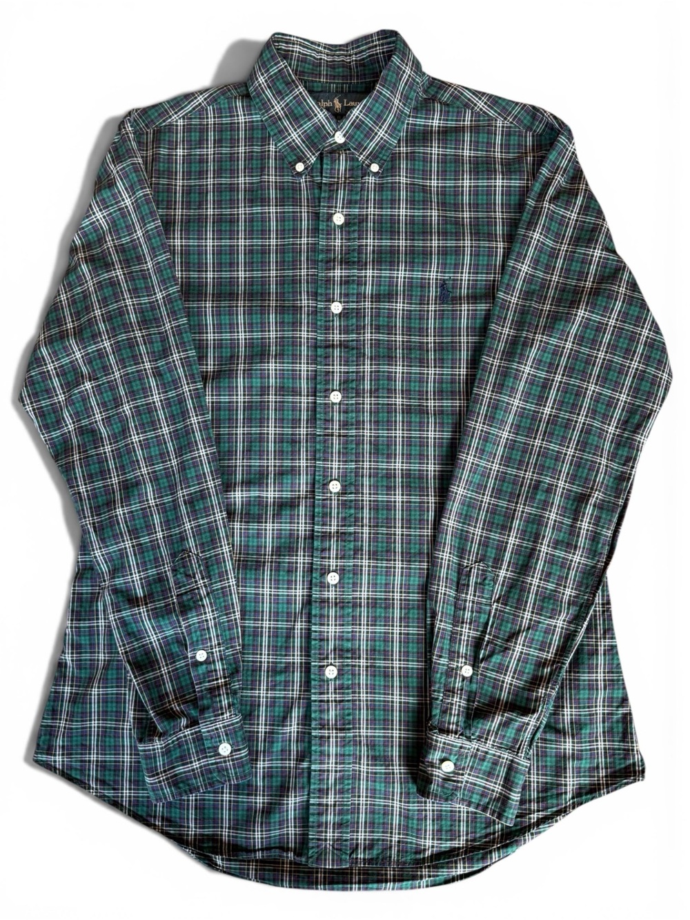 Ralph Lauren Mens Green and Navy Plaid Button-Down Shirt